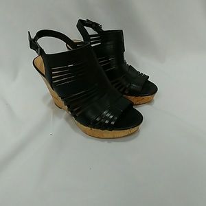 Franco Sarto 7 Black Leather Cage Wedge Heel